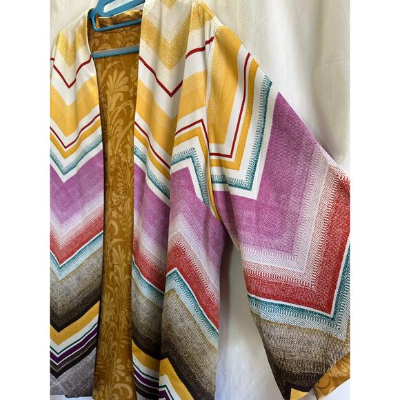Reversible Boho Kimono Cardigan Mustard Chevron Print Flowy Sleeve Open Front - Picture 4 of 9
